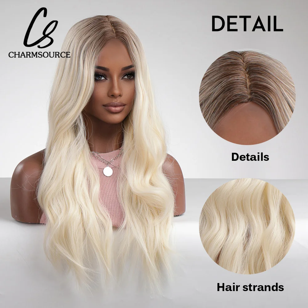 CharmSource Synthetic Wigs Long Wavy Wigs Blonde Wigs with Dark Root for Black Women Cosplay Party High Density Resistant Hair