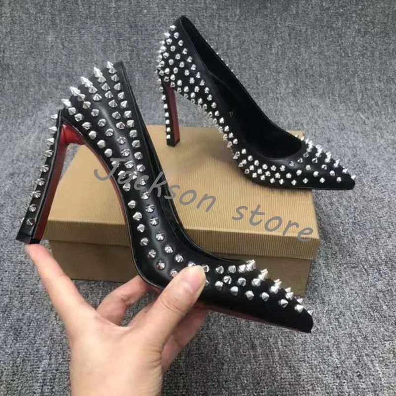 

Black Rivet Pointed Toe Women Shoes Designer Pointed Toe Super High Heel Slip On Party Female Dress Shoes Comfort Office Shoes