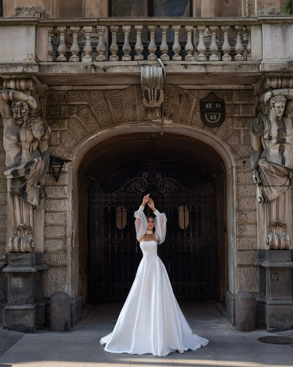 Msikoods Luxury Satin Wedding Dress with Beaded Pearls Jacket Customized Elegant Puff Sleeves A-Line Bridal Dress for Brides