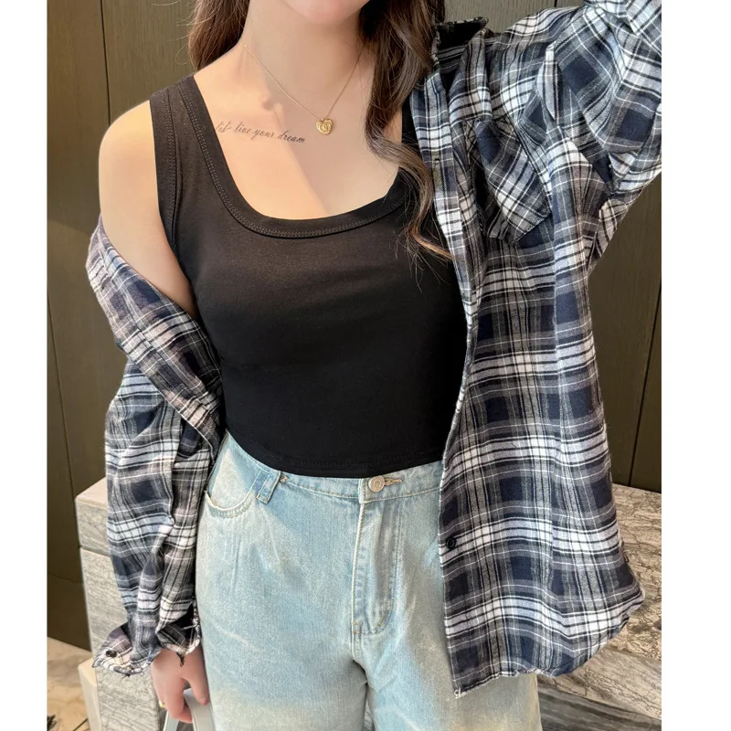 Women's Cotton Camisole Sleeveless Solid Color Korea Stylish Crop Top Basic Layer Slim Tops Female Tank Outwear 100KG Wear C5775