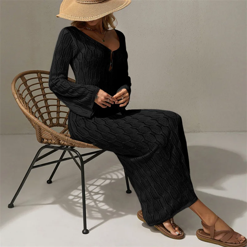 ผู้หญิงแขนยาวBackless Beachชุดถักดูผ่านโครเชต์บิกินี่Cover-Upเซ็กซี่ฤดูร้อนชุดว่ายน้ําหญิงSarong