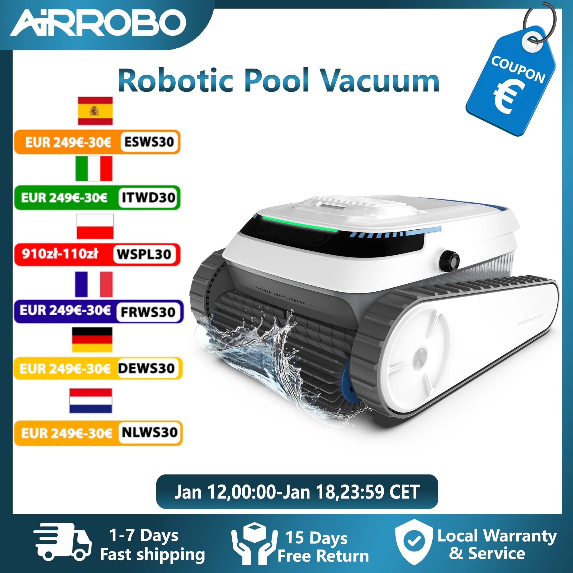 Robot nettoyeur de piscine intelligent AIRROBO PC10 - Autonomie de 120 minutes, escalade des parois, nettoie les sols/les parois/la ligne de flottaison pour les piscines enterrées et hors sol