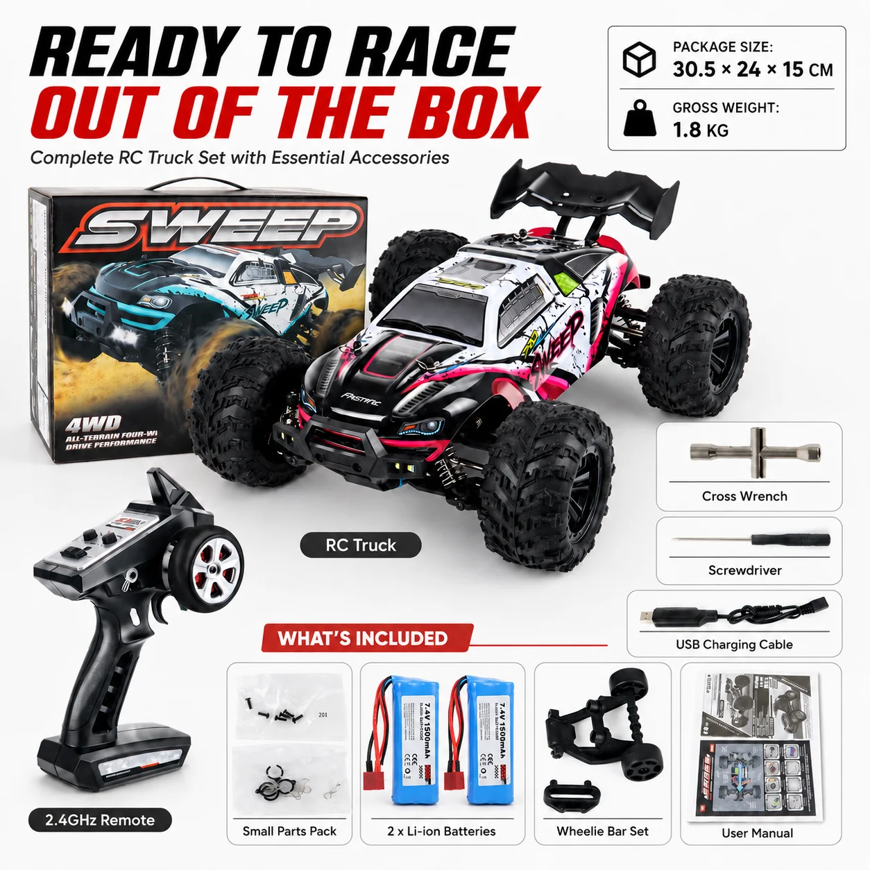 80km/h Hohe Geschwindigkeit 4WD Off-Road RC Auto, 1500mAh Akku 25 Min Laufzeit, All-Terrain-Reifen, 2.4GHz Fernsteuerung Truck, Wasserdicht RTR Hobby-Grade, für Erwachsene Jugendliche Camping Strand