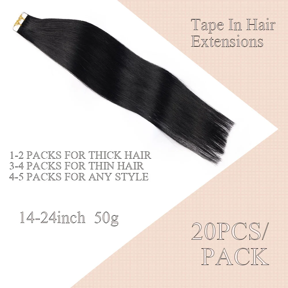 Silky Straight Hair Extensions, 100% Remy cabelo humano, trama da pele, 50g, 24 ", 20pcs