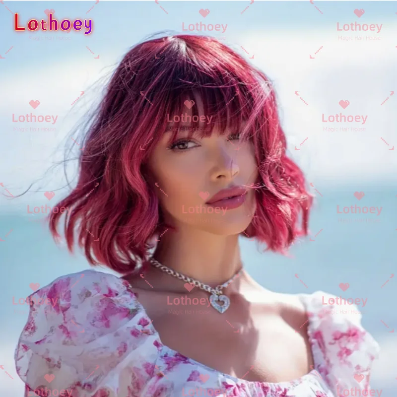 Парик из натуральных волос розового цвета с челкой, короткая прическа, женский парик, легко носить, подходит для различных вечеринок и косплея