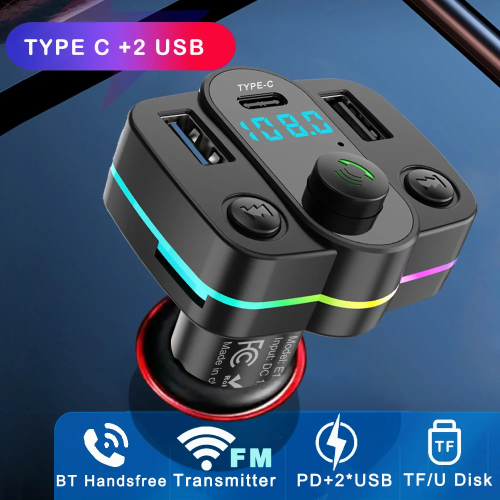 1pc Car Bluetooth FM Transmitter PD Type-C Dual USB 3.1A Fast Charger Colorful Ambient Light Handsfree MP3 Modulator Player