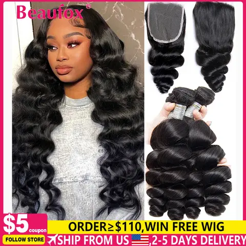 Beaufox Lose Welle Menschliches Haar Bundles Mit Verschluss Indische Haarwebart 3/4 Bundles Mit Spitze Verschluss Wellige Menschliches Haar Extensions