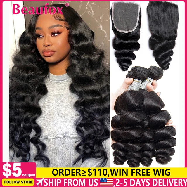 Beaufox Loose Wave Human Hair Bundles With Closure Indian Hair Weave 3/4 Bundles With Lace Closure Wavy Human Hair Extensions
