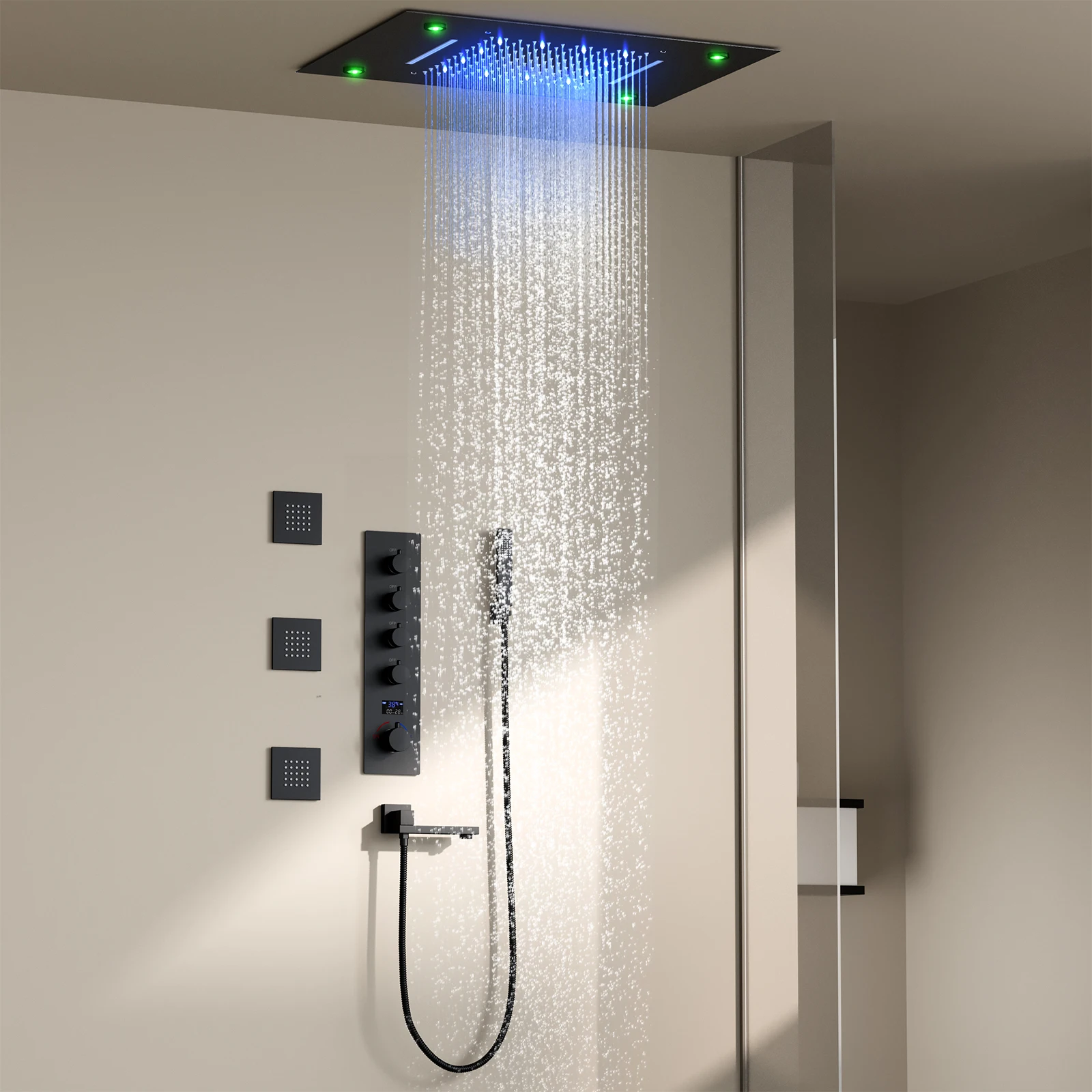 Modern Temperature Display Rainfall Showerhead LED Ceiling Mounted Bath Shower Faucet System Cold and hot Bathroom Shower Set