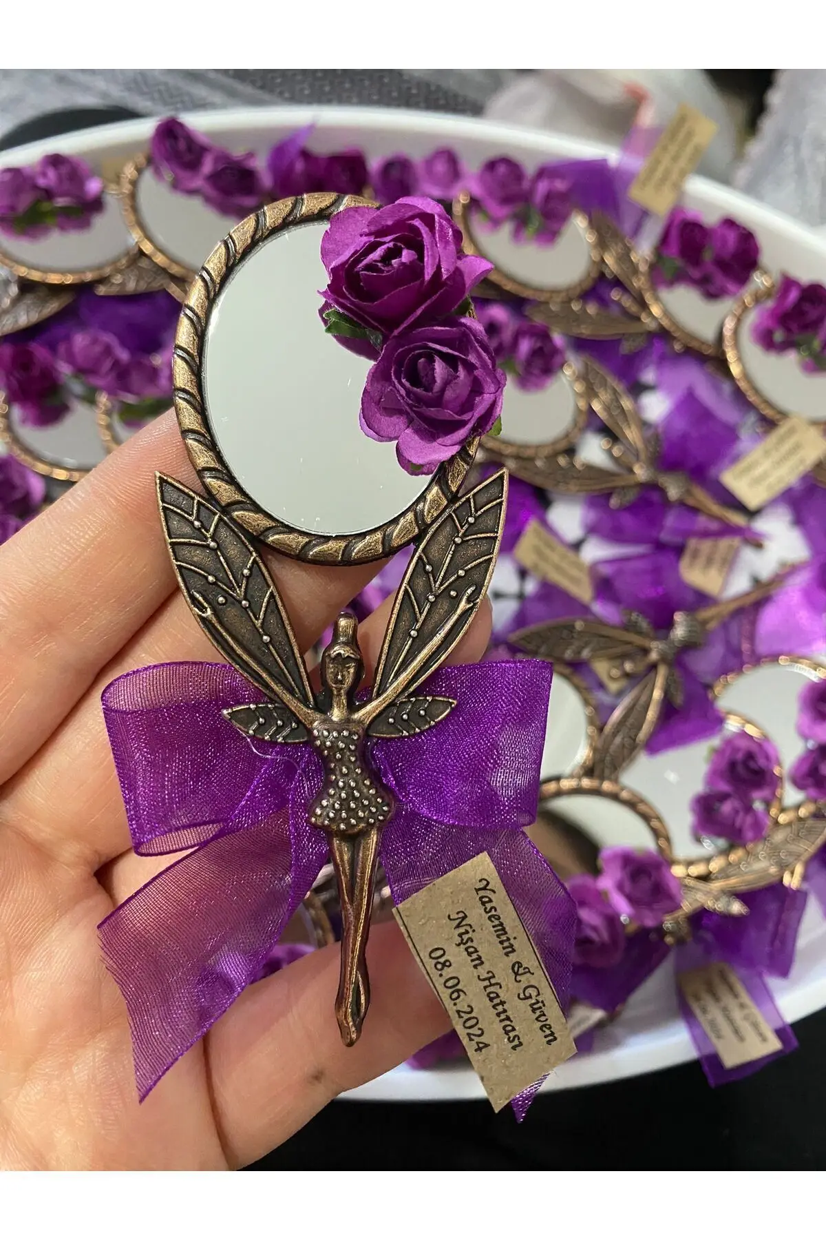 Word Engagement Henna Wedding Magnet Wedding Candy Souvenir Angel Mirror 15 Pieces Bronze Mirror Purple Floral