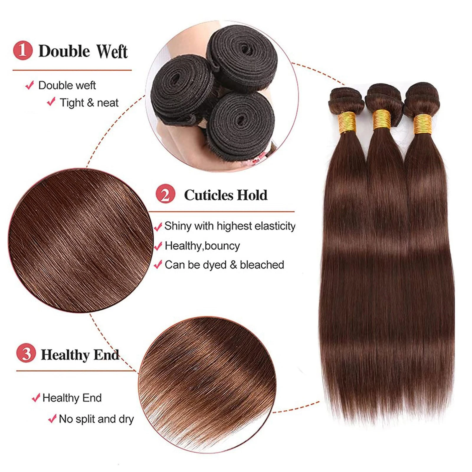 Straight Bundles Human Hair 18 20 22 Chocolate Brown Human Hair Bundles Color #4 Human Hair Bundles 12A Grade Straight Bundles