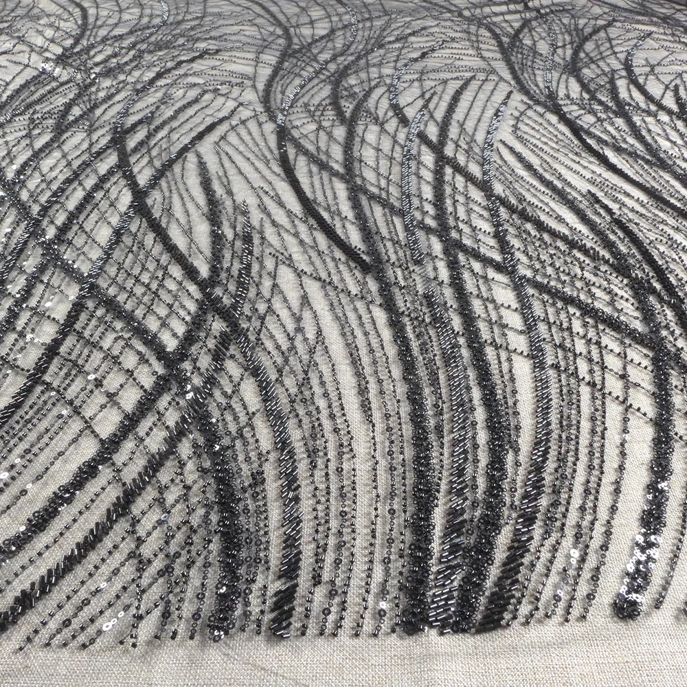 

HelluyerDc Silver,black,gold Irregula lines heavy beaded lace fabric, embroidery for wedding prom dress fabric by the yard