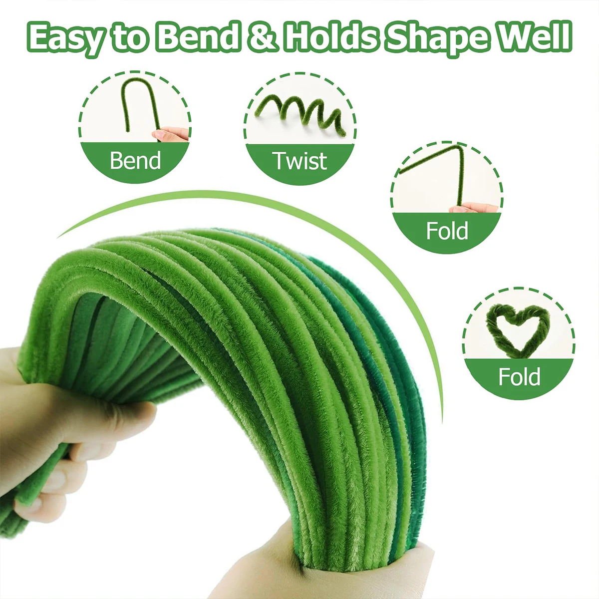 200Pcs Green Pipe Cleaners, 5 Shades Green Chenille Stems, 12 Inch Fuzzy Sticks, Thick Pipe Cleaners Craft Supplies for Christma