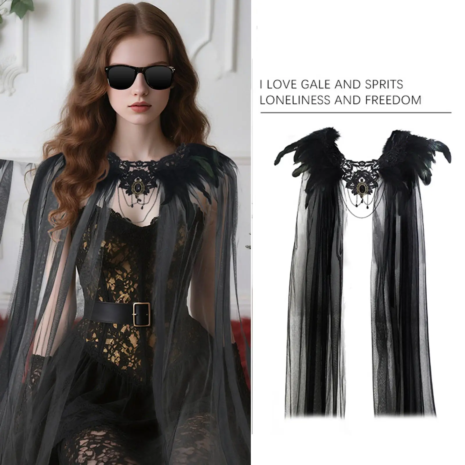 Halloween Black Cape with Feathered Collar for Cosplay, Burlesque 45cmx128cm Stage Costume Embellished Lace for Cosplay