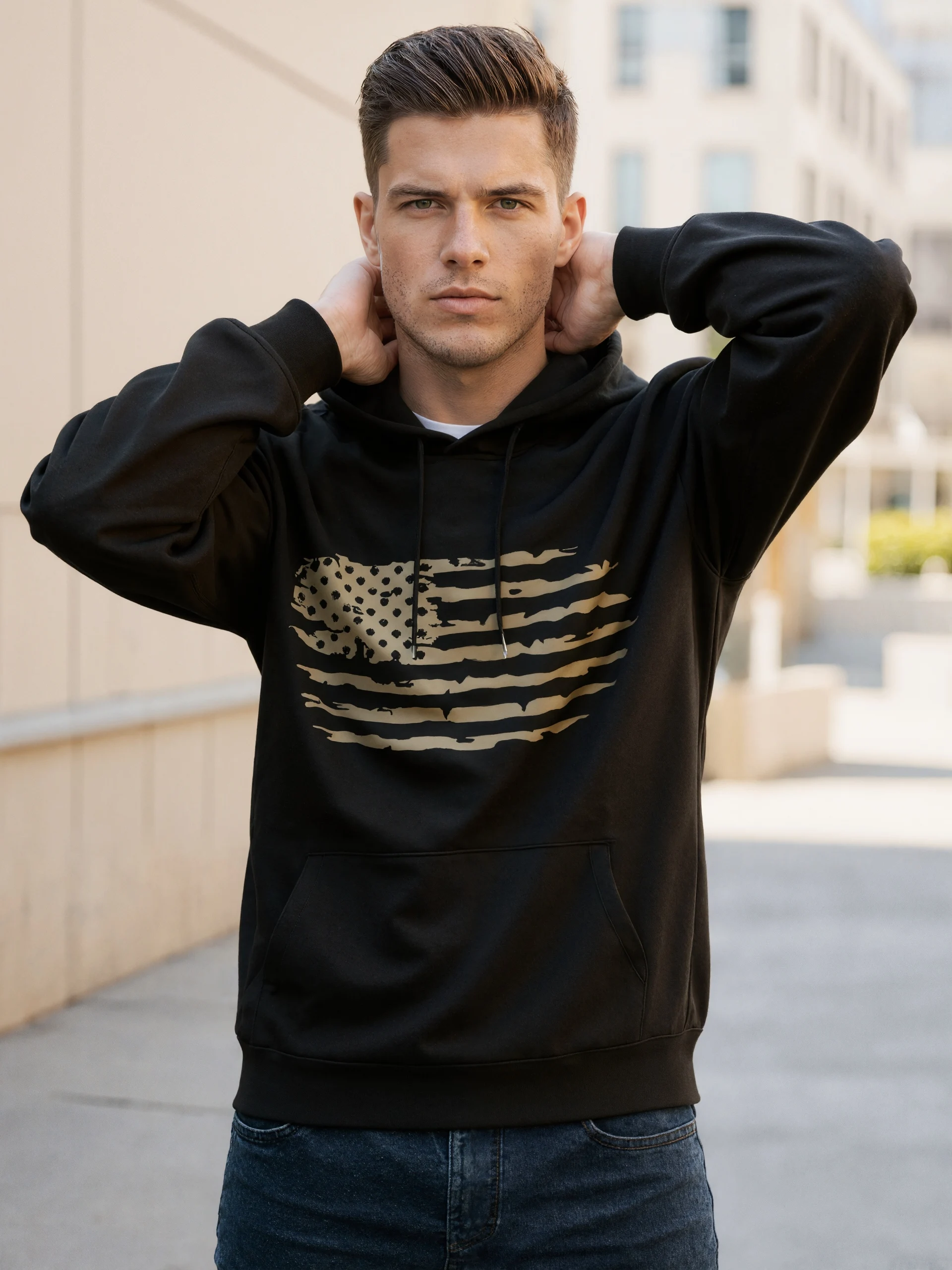 Unisex Distressed Flag Print Hoodie Pullover Hooded Sweatshirt Retro Tactical Style Kangaroo Pocket Long Sleeve Street Casual Tops