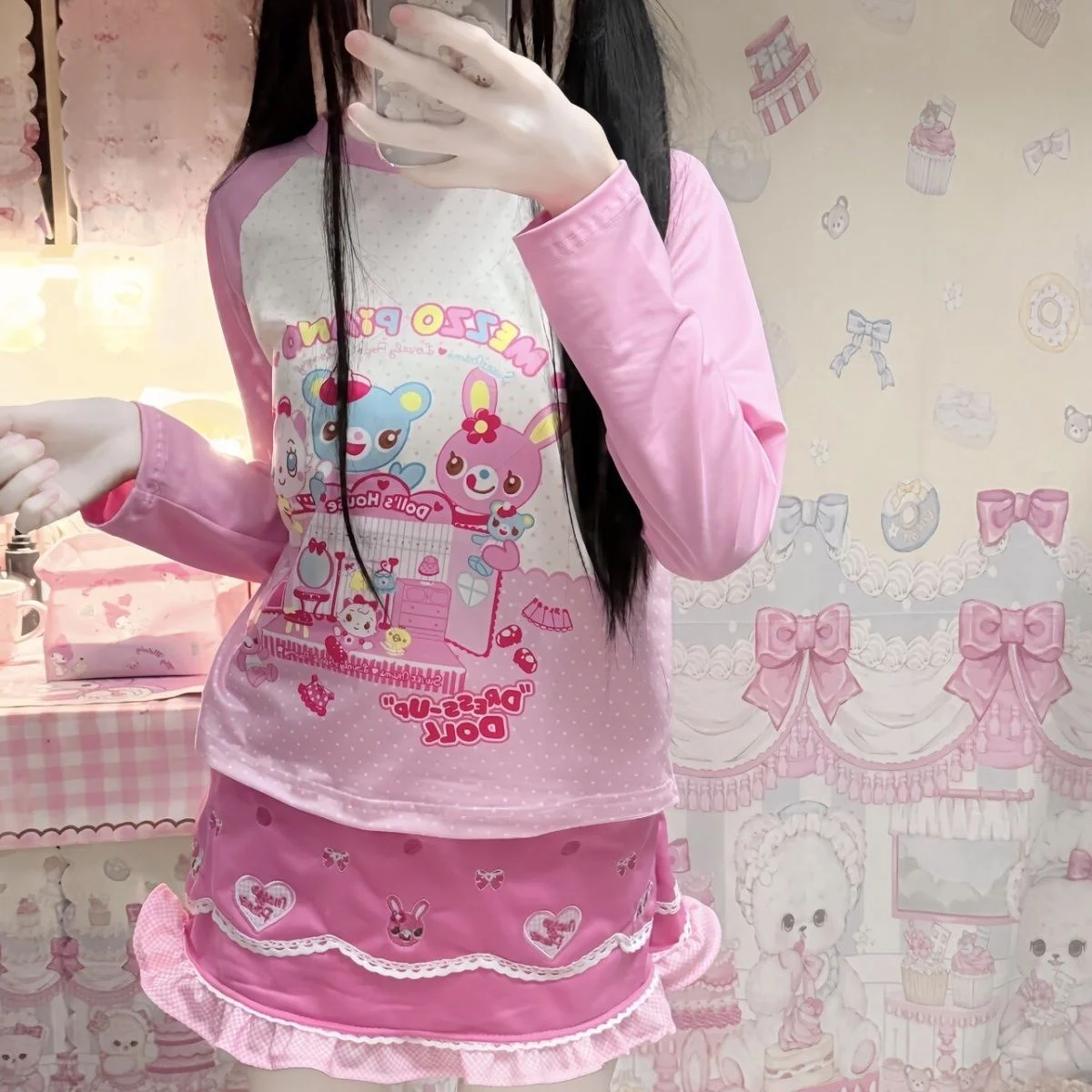 Japanese Kawaii Cute Long Sleeve T-shirt Vintage Cartoon Print O-neck Casual Top Streetwear All-match Y2k Aesthetic Tees