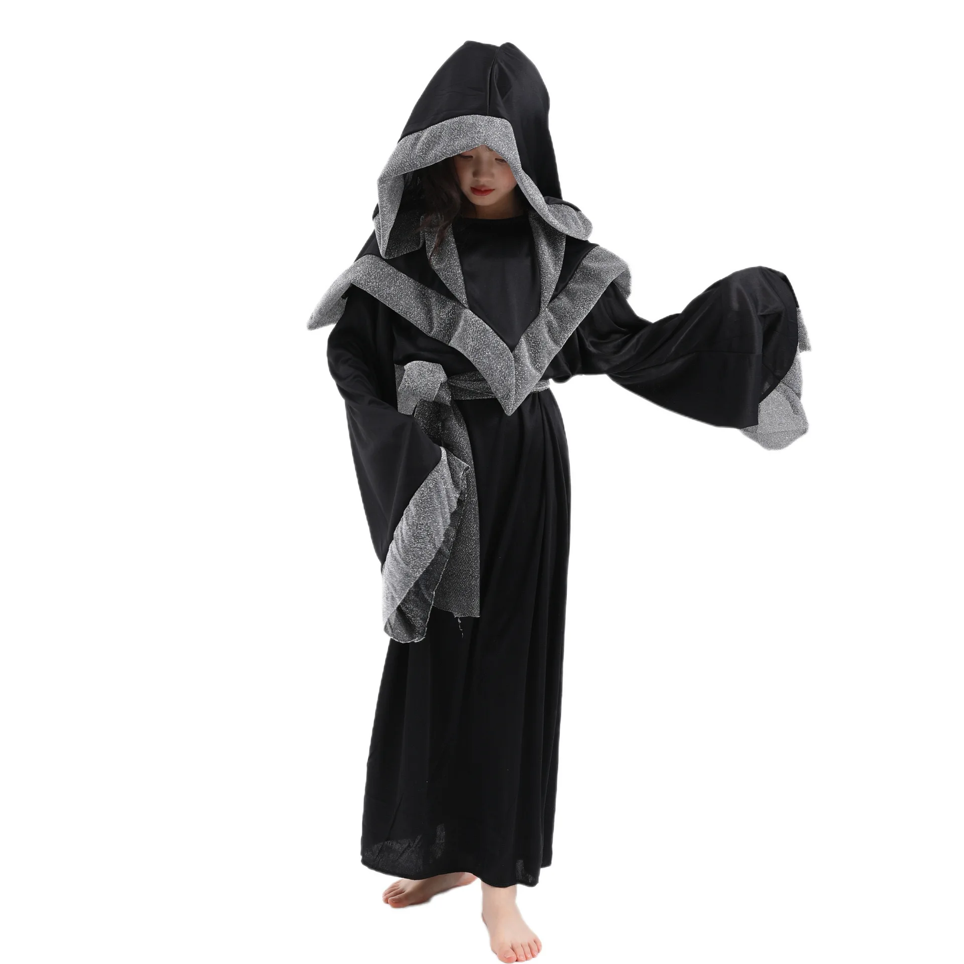 Black Wizard Girl Costume Sorceress Cloak Medieval Dark Mystic Dark Sorcerer Robe Halloween Costume for Child Role Play