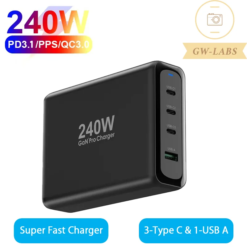 

GWLABS 4-Port 240W PD 3.1 GaN Charger USB C PD 140W PD100W PPS105W For Laptop Macbook iPad iPhone Samsung Huawei xiaomi and more