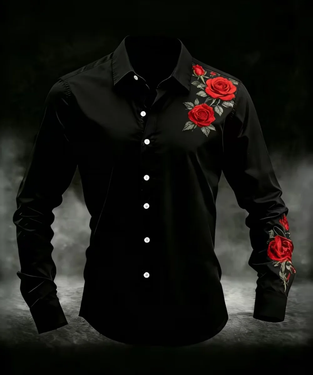 Men Black Shirt Red Rose Floral Print Long Sleeve Lapel Button Down Gothic Streetwear Party Shirts