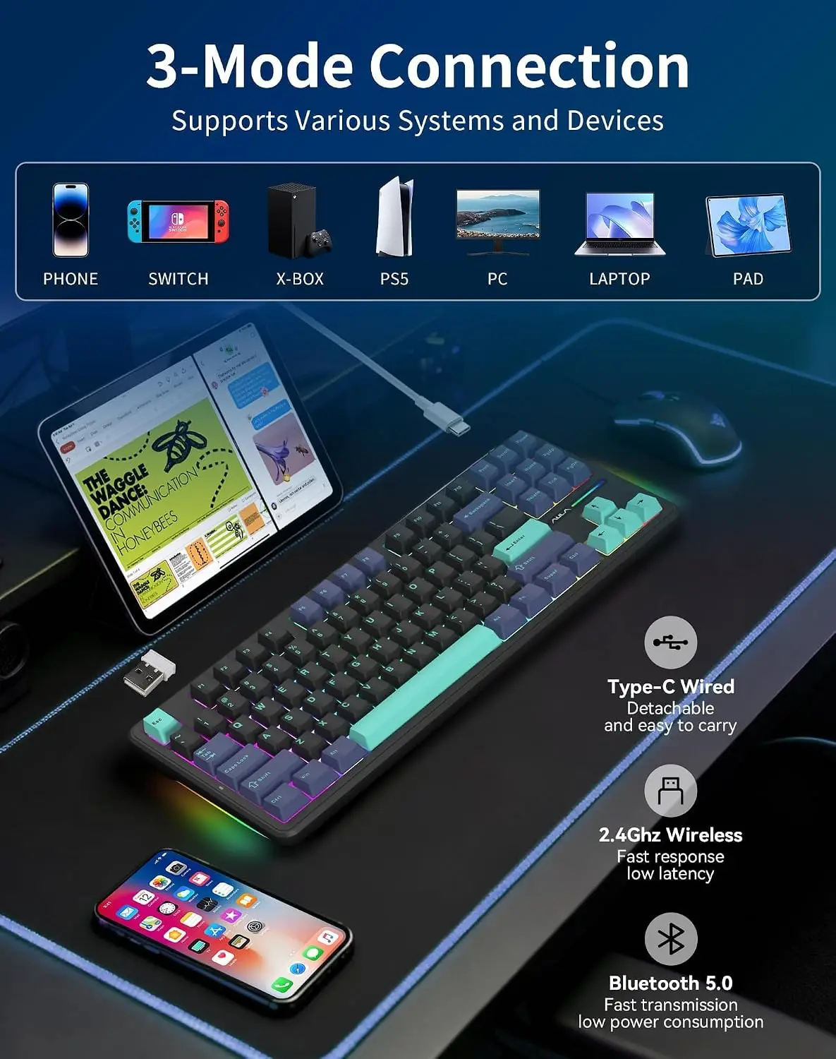 Teclado mecánico para juegos AULA F87 Pro, 87 teclas, triple modo de conexión (2,4 GHz/Bluetooth/USB-C), retroiluminación RGB, teclas PBT, montaje tipo junta.