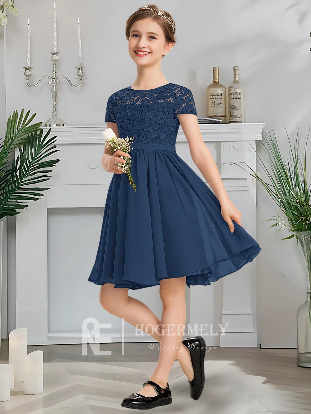 Роскошное платье подружки невесты с круглым вырезом, платье русалки с цветочным узором для девочек, шифоновое кружево длиной до колена с каскадным бантом, свадебная вечеринка