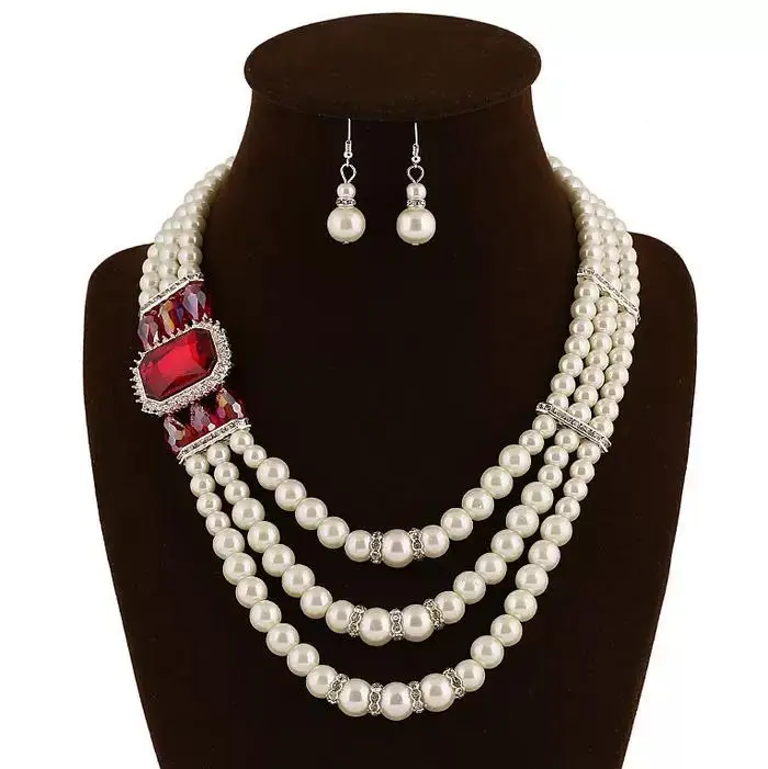 

Radiant Ruby & Pearl Triple-Strand Necklace & Earrings Set