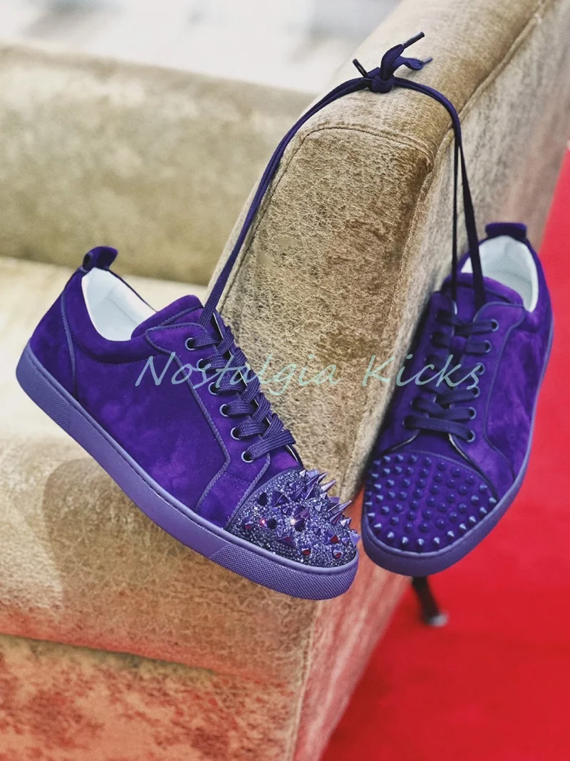 

Men's Purple Suede Sneakers Sparkling Studs Breathable Lace Up Casual Couple Shoes Flat Soled Modern Women's Tennis Shoes
