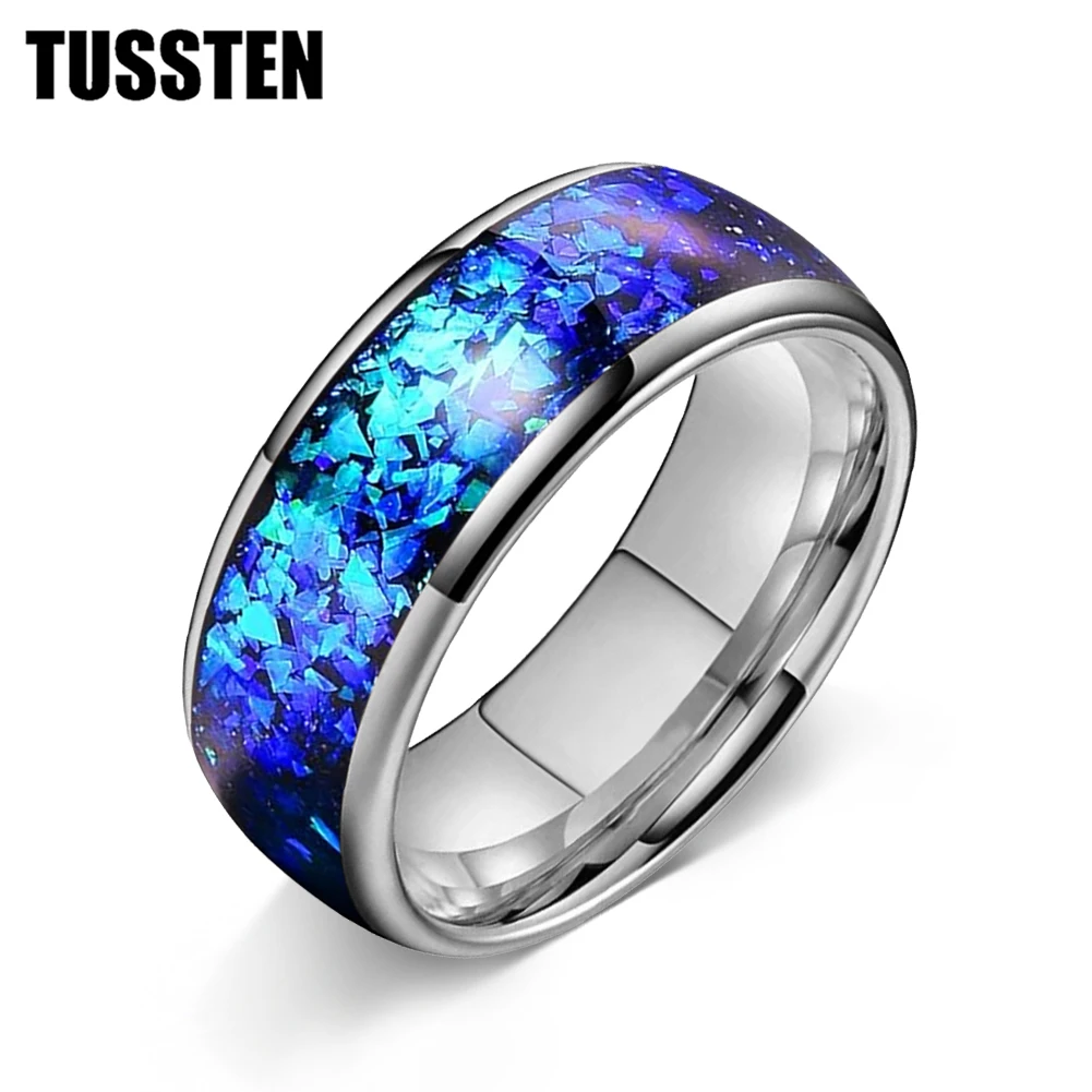 TUSSTEN 남성용 및 여성용 4/6/8mm 텅스텐 카바이드 결혼 반지 빛나는 파란색 조각 약혼 밴드 돔형 광택 반짝임