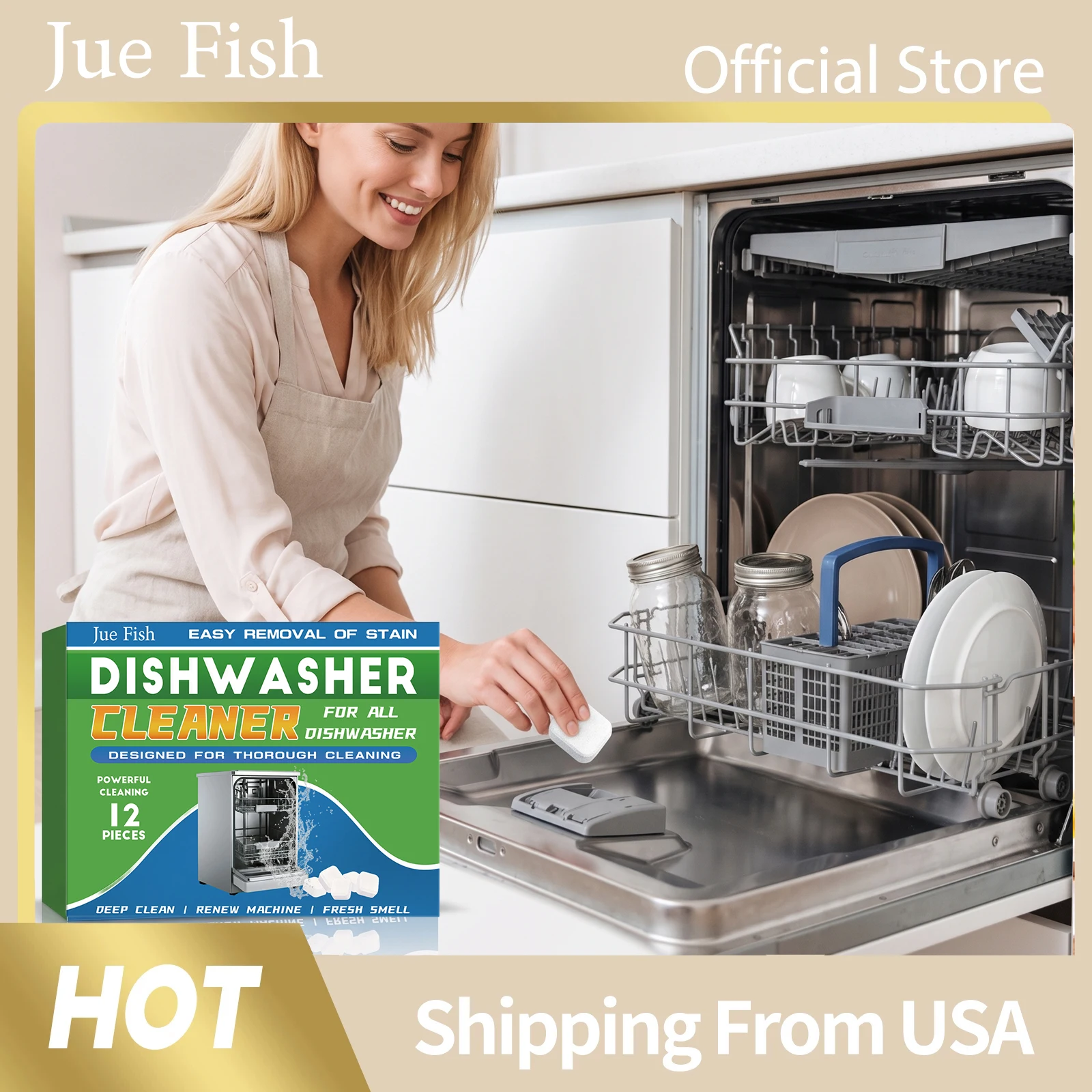 Jue Fish Dishwasher Cleaner Powerful Oil Stain Remover Fast Dissolving Improve Cleaning Efficiency Eliminate Odors Dishwasher Cleaning Tablets