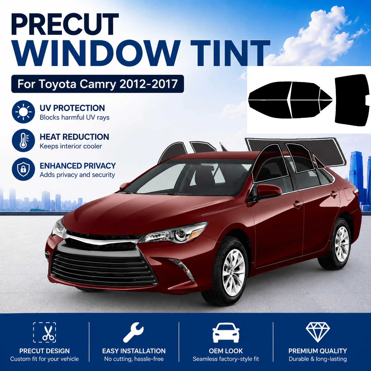 

PreCut Window Tint Car For Toyota Camry 2012-2017 All Sides Sun UV-IR Blocking Heat & Glare 2Ply Window Protector Films Shade
