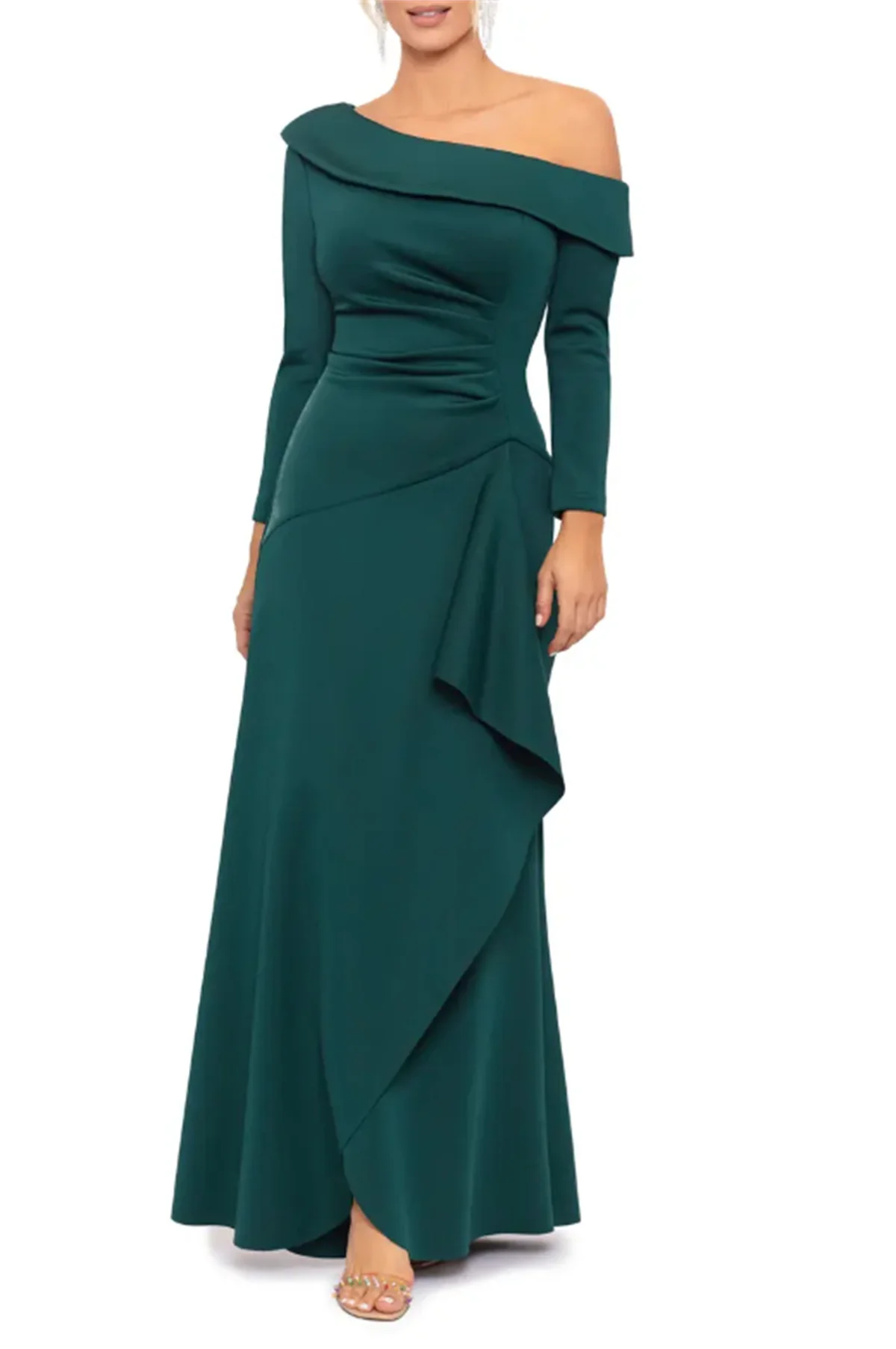 Evening Dresses Satin Appliques Floor Length Formal Party One-Shoulder Long Sleeve Scuba Crepe Gown 2023 Newest