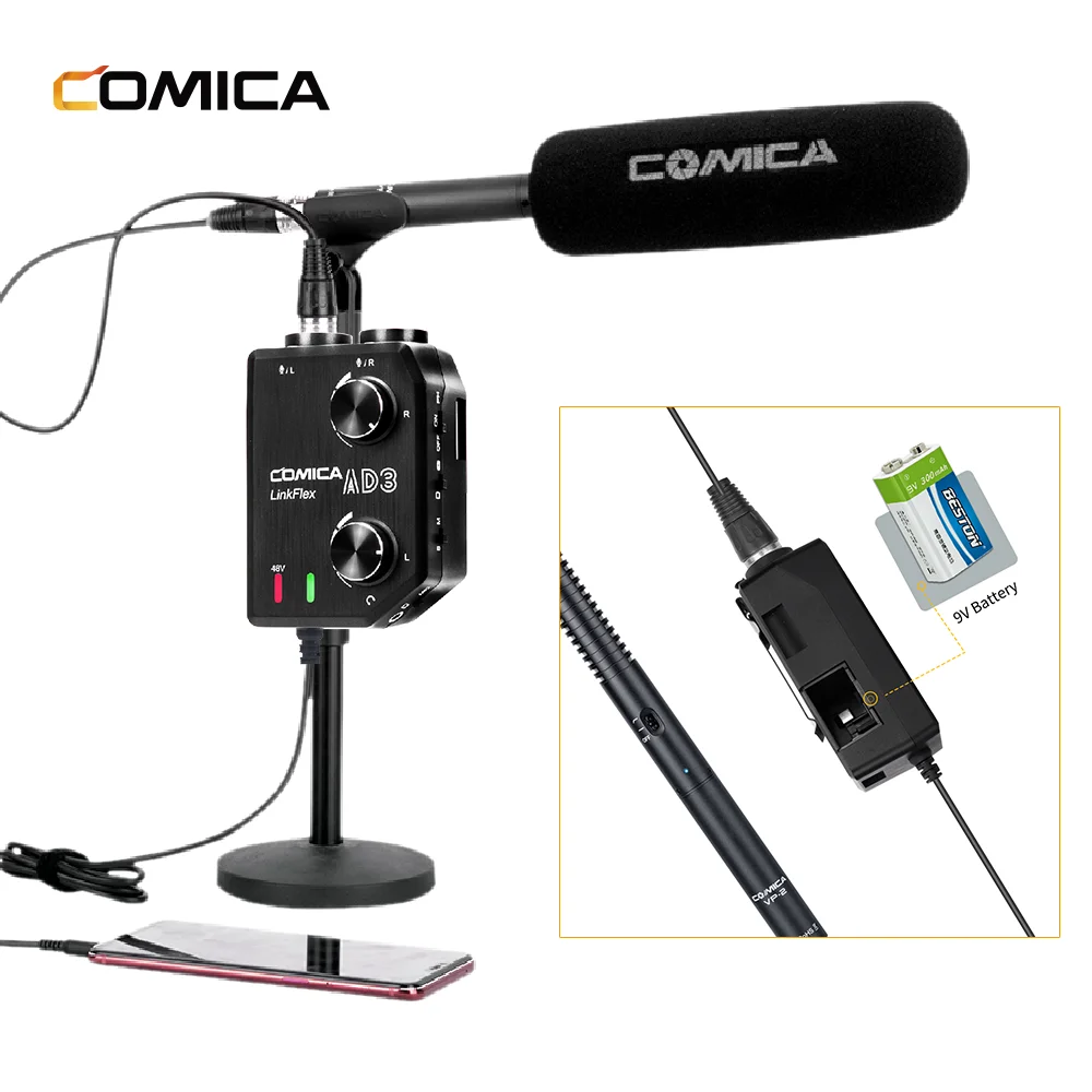 Comica LINKFLEX AD3 2-Channel Microphone Audio Mixer Preamp with Phantom Power, Guitar Audio Interface Microphone for Camera