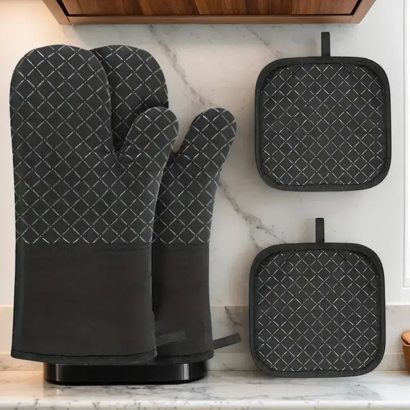 Juego de 4 piezas de guantes para horno y almohadillas para ollas, guantes de cocina resistentes al calor, guantes para horno a rayas de silicona antideslizantes, h resistente al calor