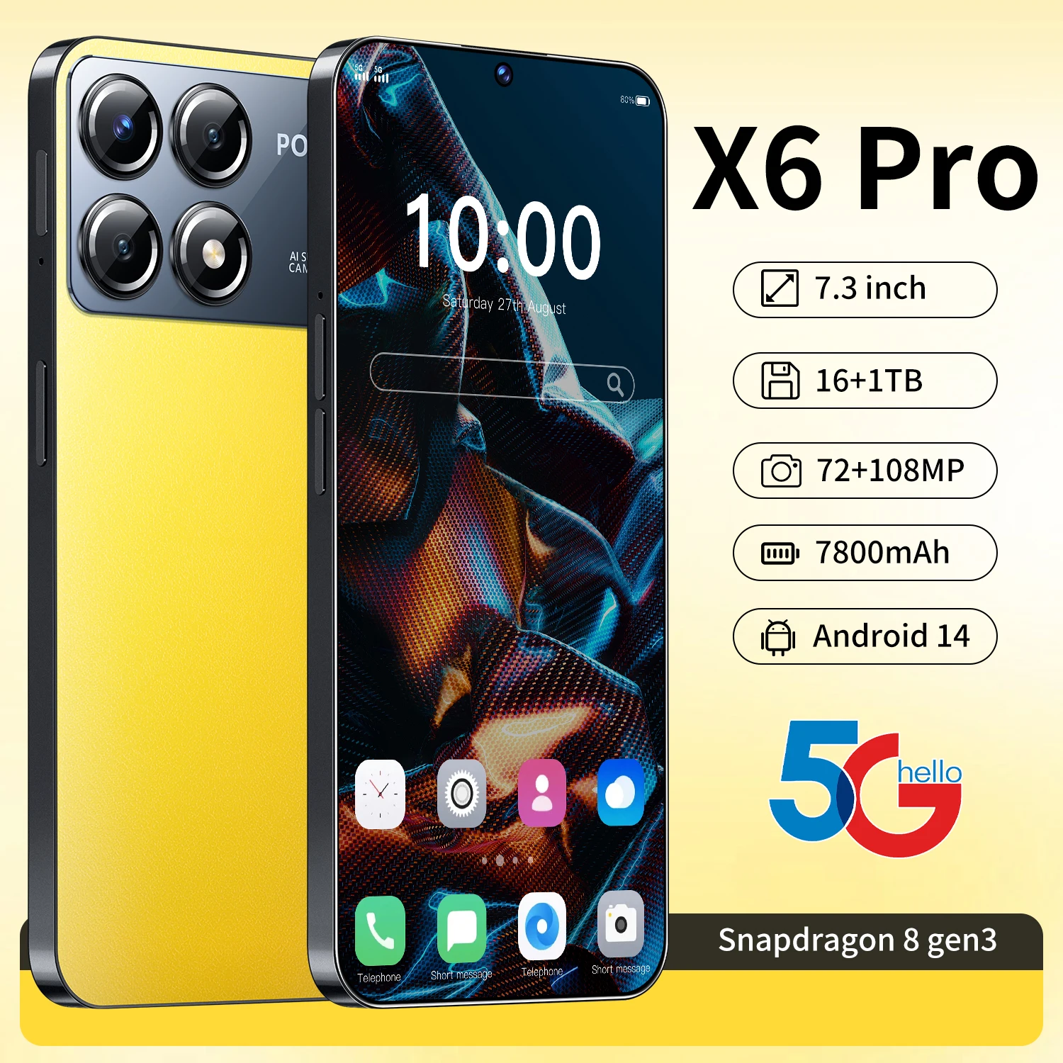 2024 NEW Cell Phone X6 Pro 7.3 HD Screen SmartPhone 16G+1T 5G Dual Sim Celulares Android Unlocked 108MP 7800mAh Mobile Phone