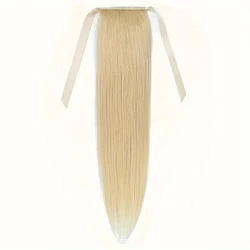 Human Hair Ponytail Ribbon Tie Wrap Around Straight Ponytail Blonde Real Hair Extension #613 Color Hair Extensions For Women