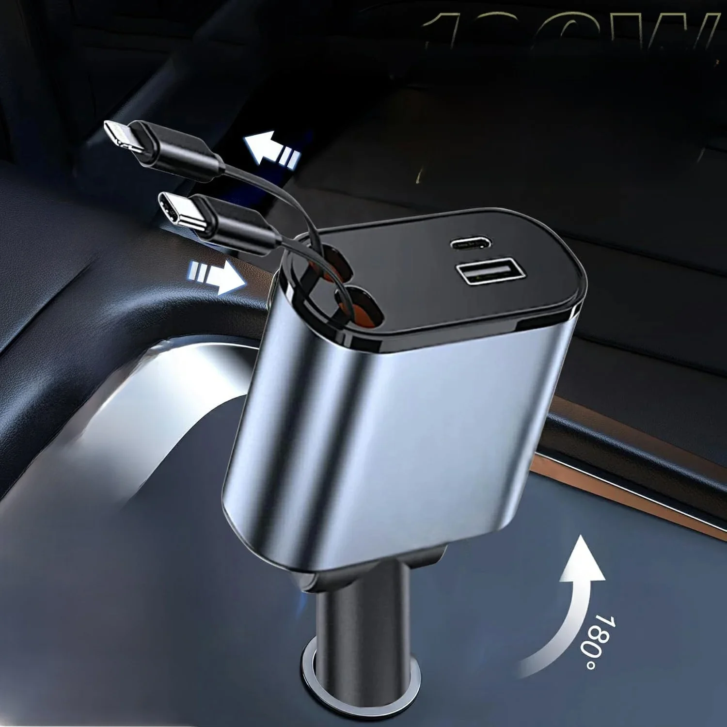 120w Retractable Car Charger Mobile Phone USB 12v PD Type C IN 1 Cable For iPhone Fast Charge Cord Cigarette Lighter QC Adapter