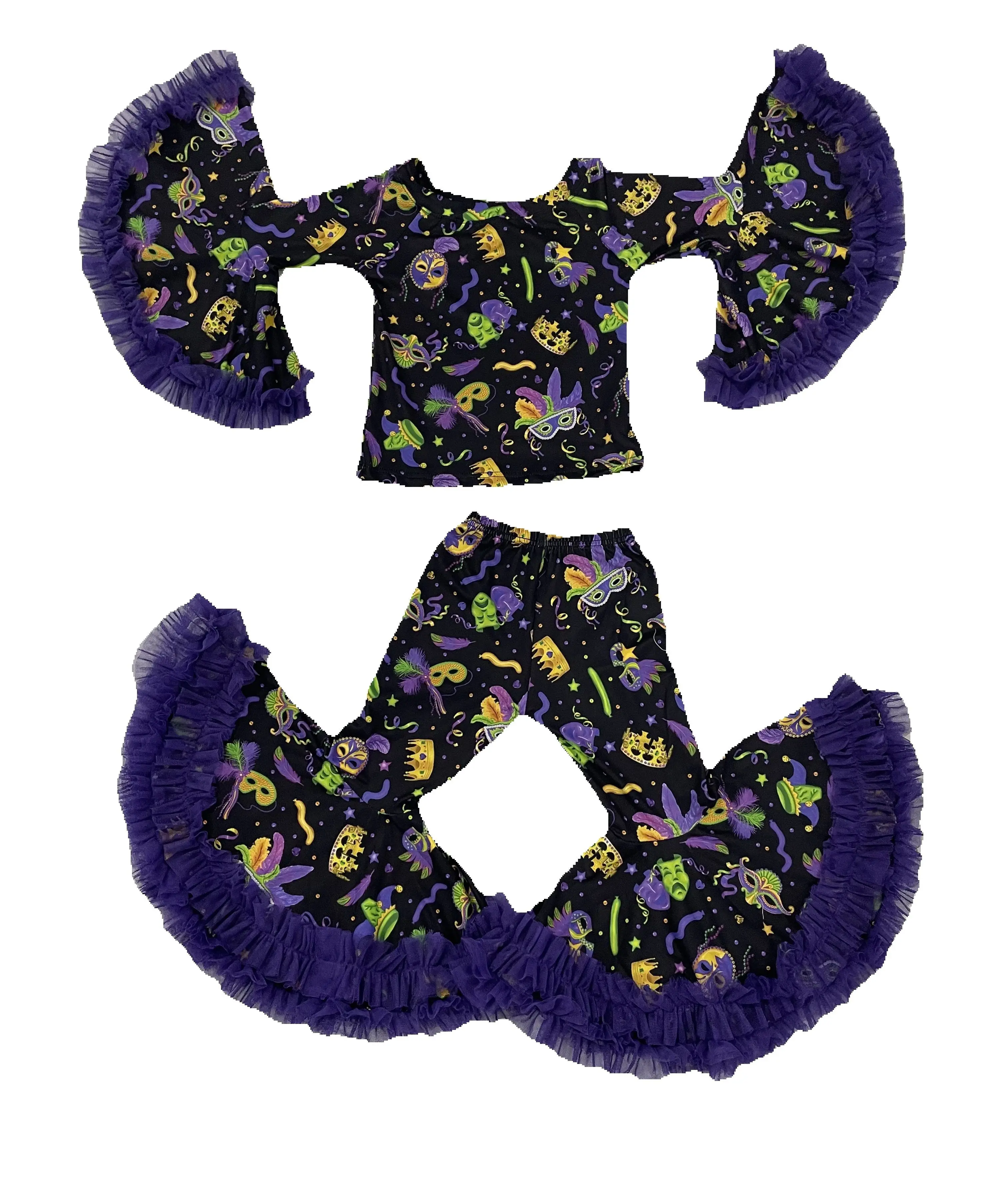 Boutique Mardi Gras Girl Lace Baby Bell Bottom Suit Mask Mardi Gras Baby Suit for girls outfit