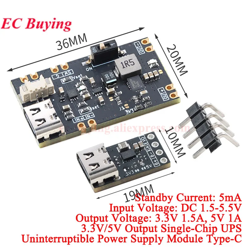 

1-10 шт. Модуль ИБП для микроконтроллеров с выходом 3.3В/5В, плата зарядки литиевых батарей 1.5А/1А Type-C