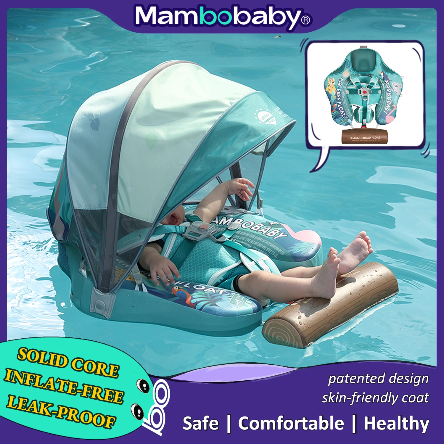 Mambobaby Baby Pool Float with Canopy & Tile Baby Swim Ring Infant Swimming Trainer Circle With Adjustable Strap for Boys Girls