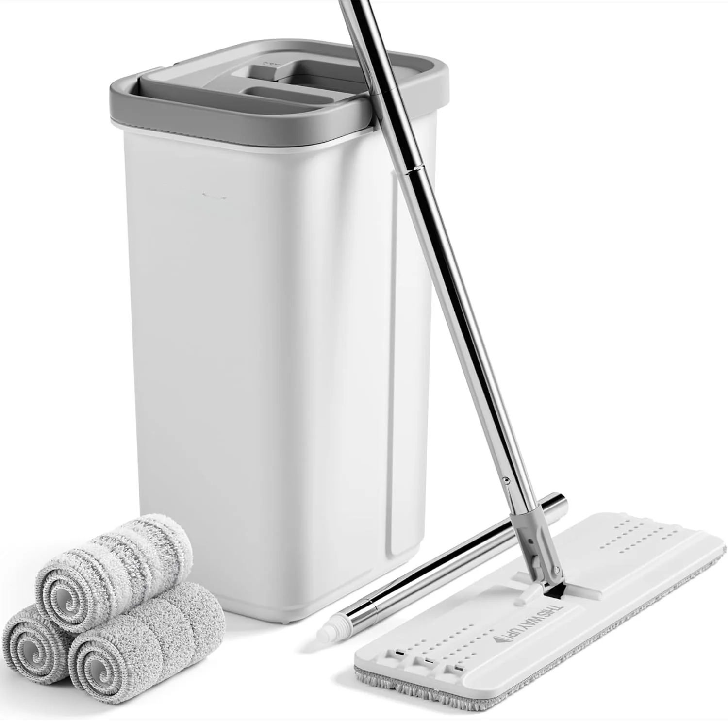 Self Cleaning Mop and Bucket Set Hands Free Flat Mop with Wringer Scraper 2 Tank System 3 Reusable Microfiber Pads 360 Rotating Head Extendable 60 Inch Handle for Hardwood Tile Laminate Floor
