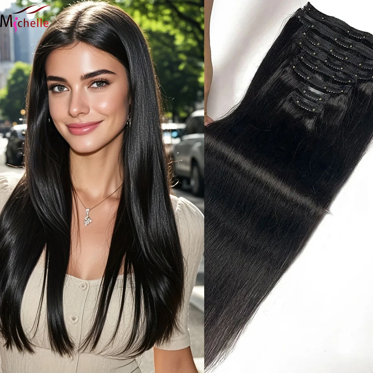 

Заколки для наращивания волос, прямые человеческие волосы, бразильские заколки натурального черного цвета, 8 шт., с 18 зажимами, 120 г для женщин