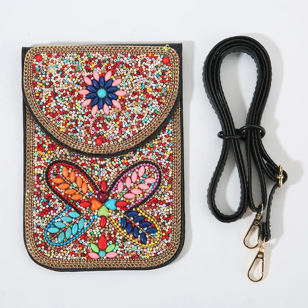 

Четырехлистный клевер, красочная мозаика с блестками, мини-кошелек, этническая лоскутная сумка на плечо для женщин, фестивальная вечеринка