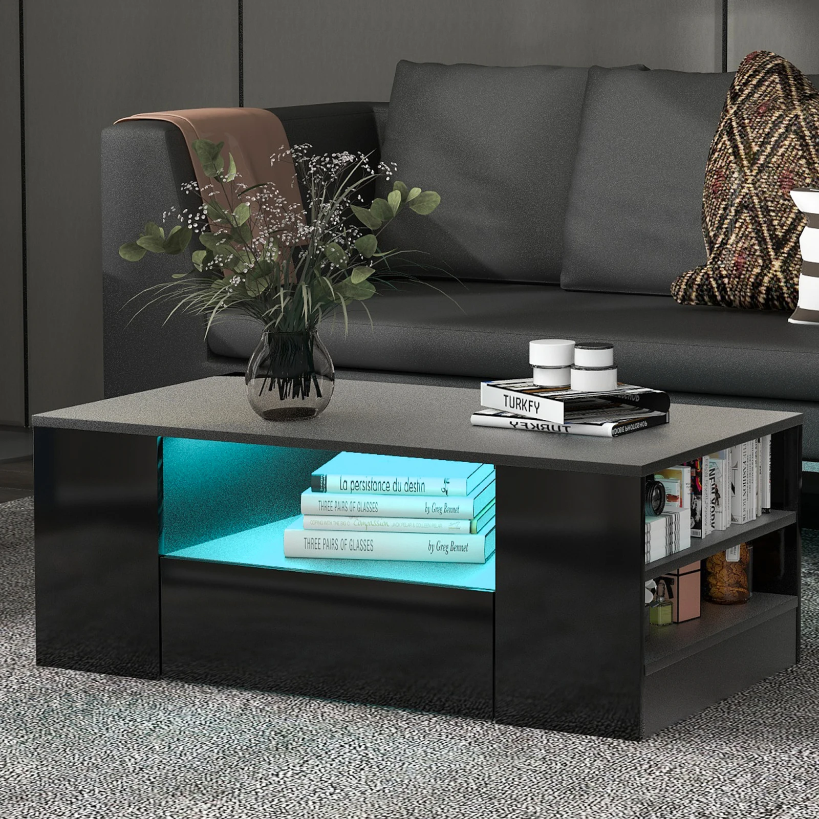 Modern coffee table high gloss living room furniture 2 drawers and 2 shelves sofa coffee table side table (95 x 53 x 37cm)