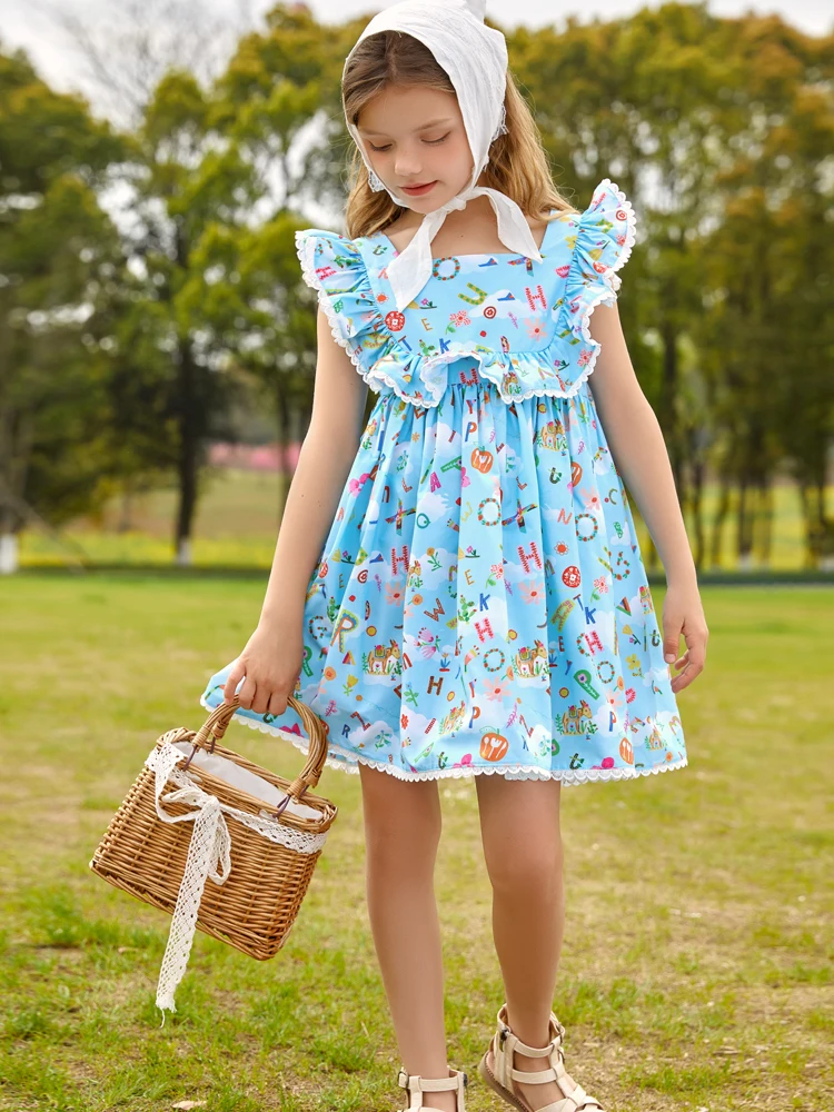 Girls Blue Dress Summer Floral Printed Princess Dress With Ruffles