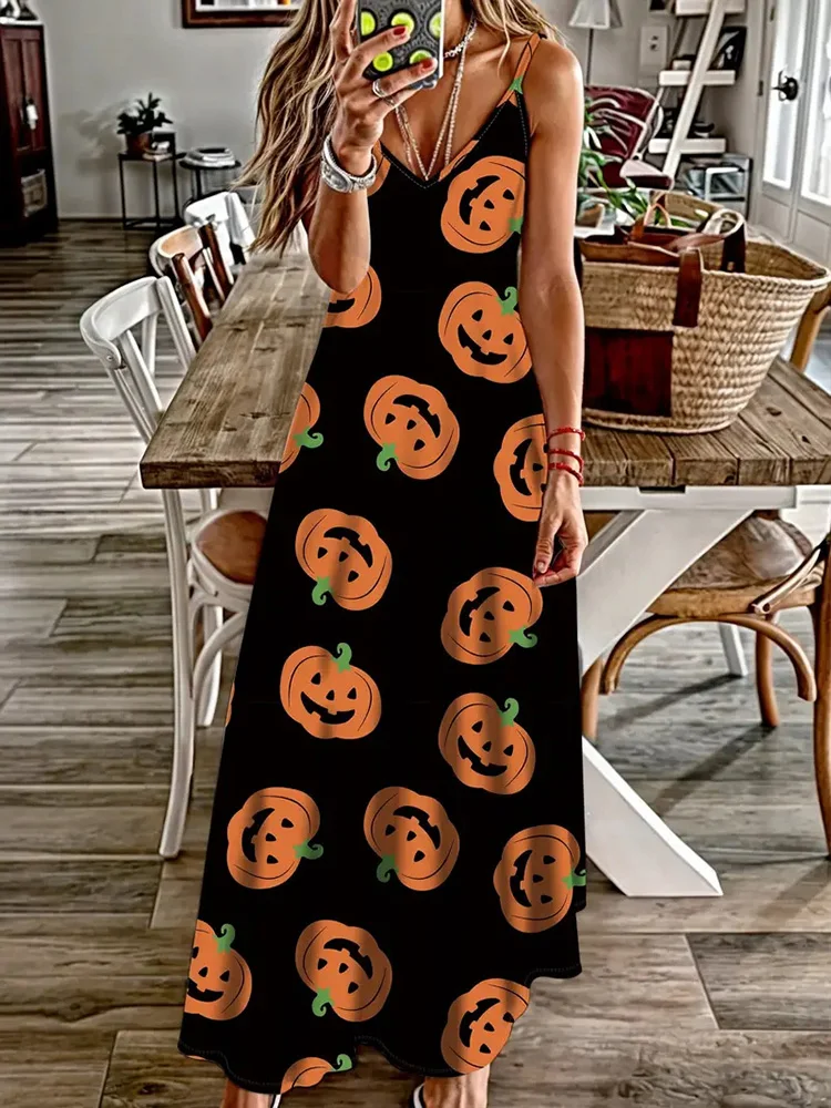 

Halloween Horror Pumpkin Atmosphere Print Sexy Strap V-Neck Dress Summer Festival Party Sleeveless Dinner Long Evening Dress