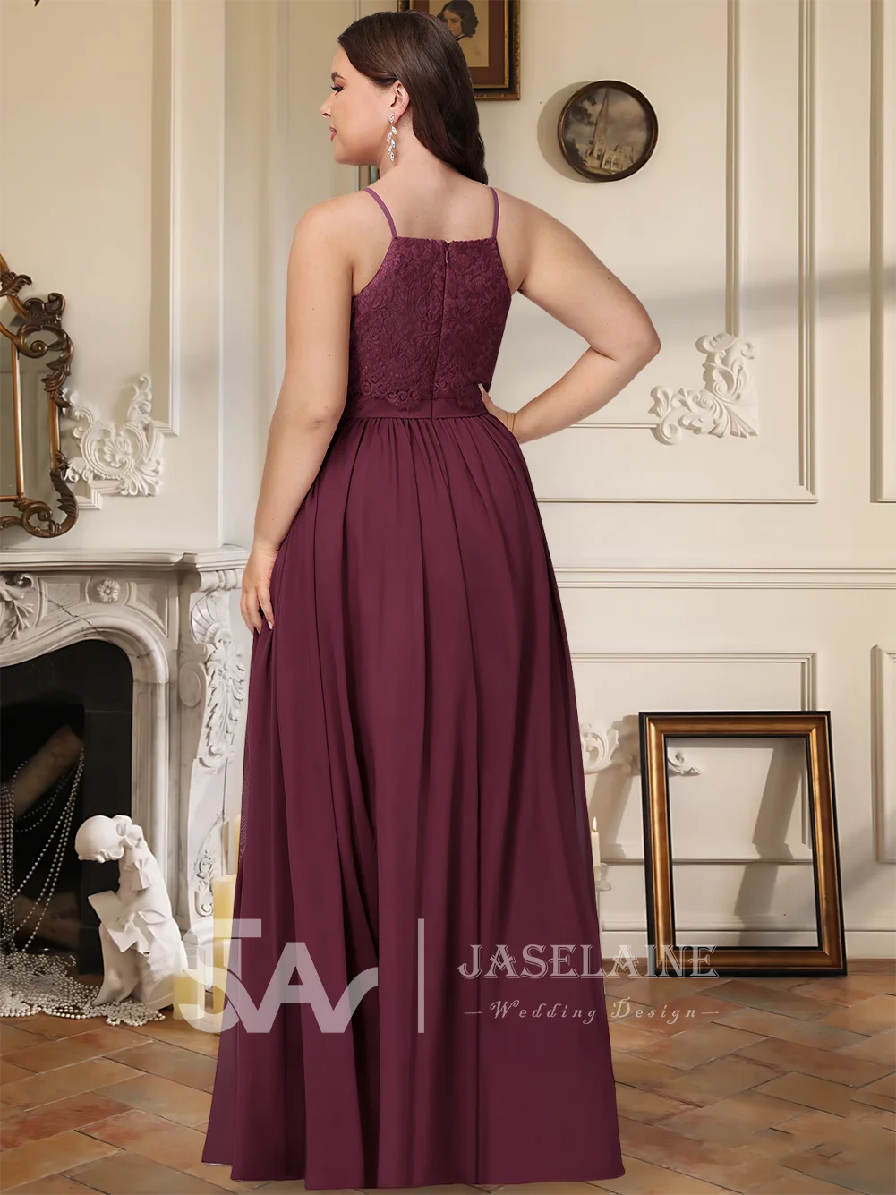 

B Bridesmaid Dresses A Line Square Floor Length Chiffon Lace Spaghetti Straps Wedding Party Evening Guest Cocktail Formal Events