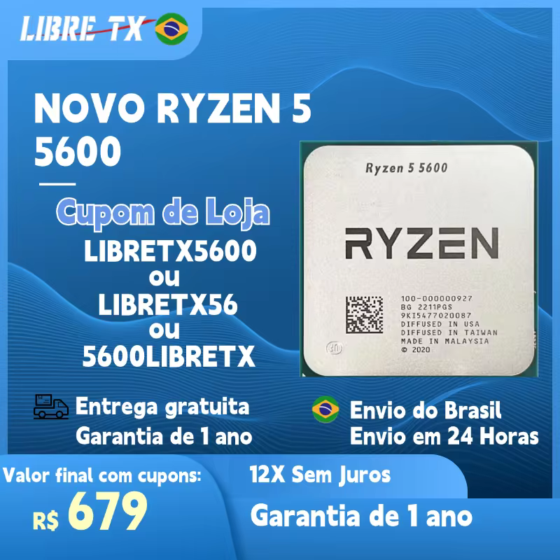 LibreTx Processador Ryzen 5 5600 6Core CPU para Jogos Soquete AM4 Estoque no Brasil