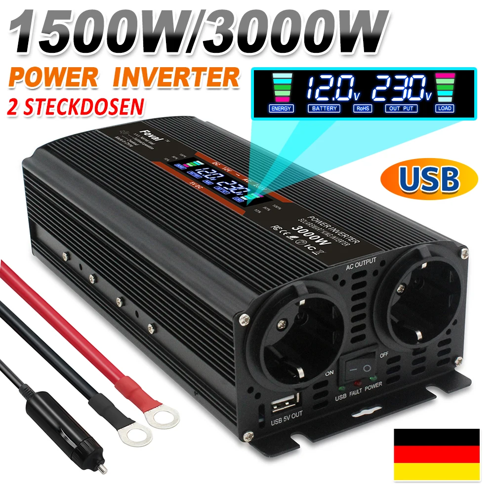 

DC 12V/24V To AC 220V 3000W/2600W/2000W/1500W Peak Portable Charger Converter Transformer EU Socket USB Car Power Inverter