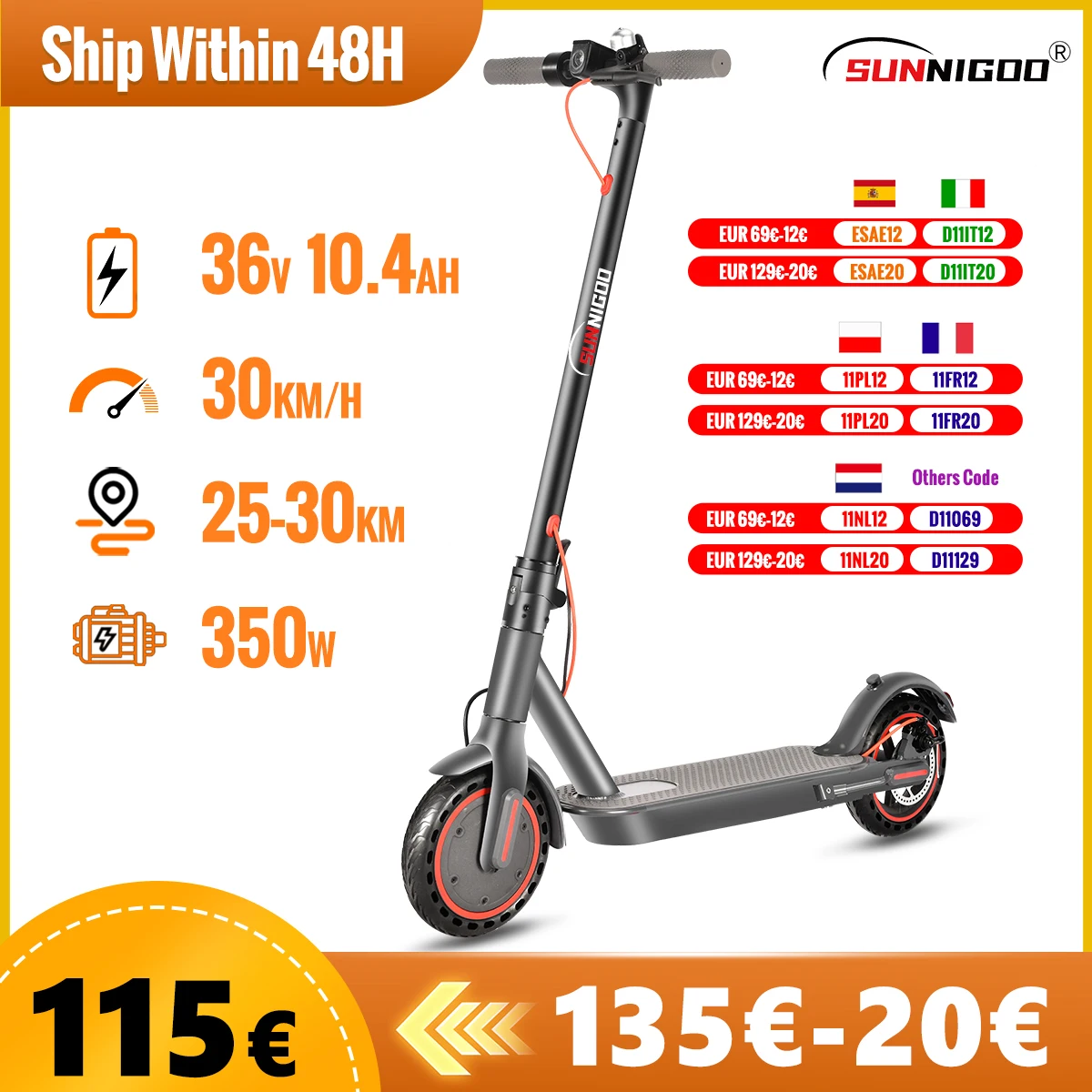 SUNNIGOO N7PRO 350W Adult Electric Scooter With APP 36V 10.4Ah Escooter 30km/h Kick Scooter Lightweight Long Range 30km Scooter