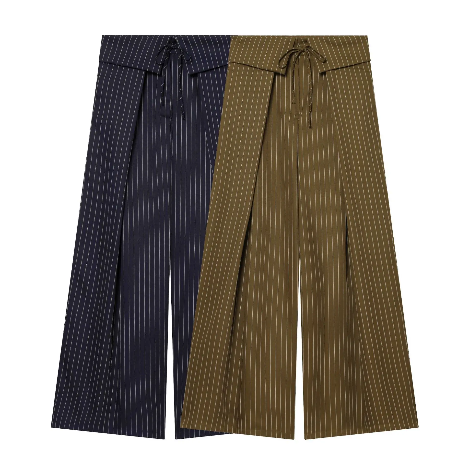 Vintage Striped Wide Leg Pants Women Elegant Asymmetric Foldover Waist Pleated Long Trouser Summer Office Lady Culottes